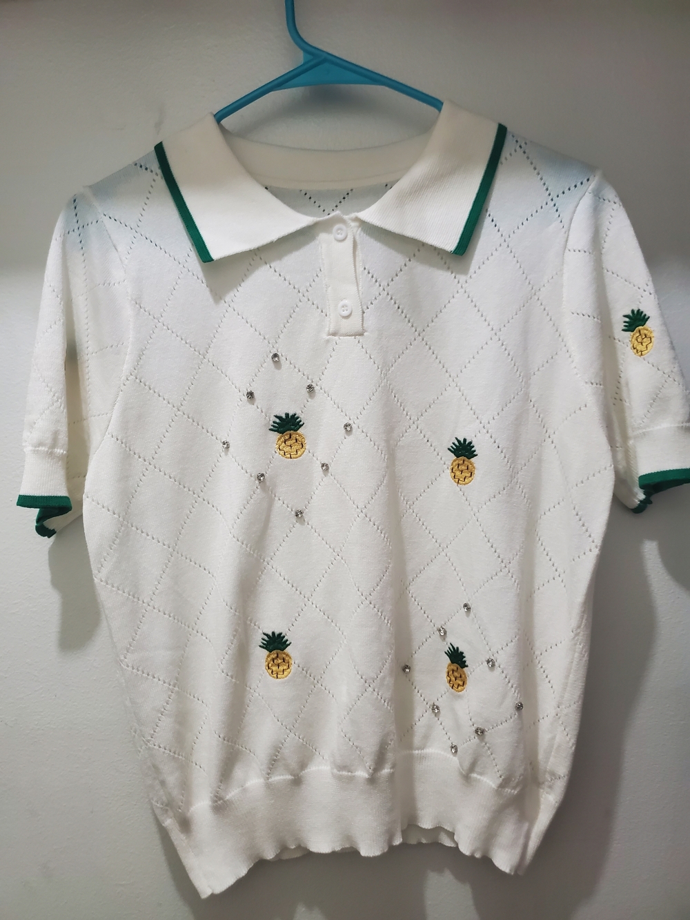 White Pineapple Embroidered Polo Top with Green Trim - Kids